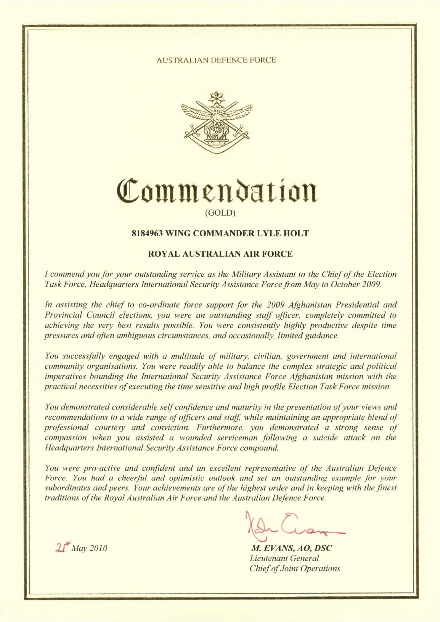 ADF Gold Commendation certificate, Wing Commander Lyle Holt, Royal Australian Air Force