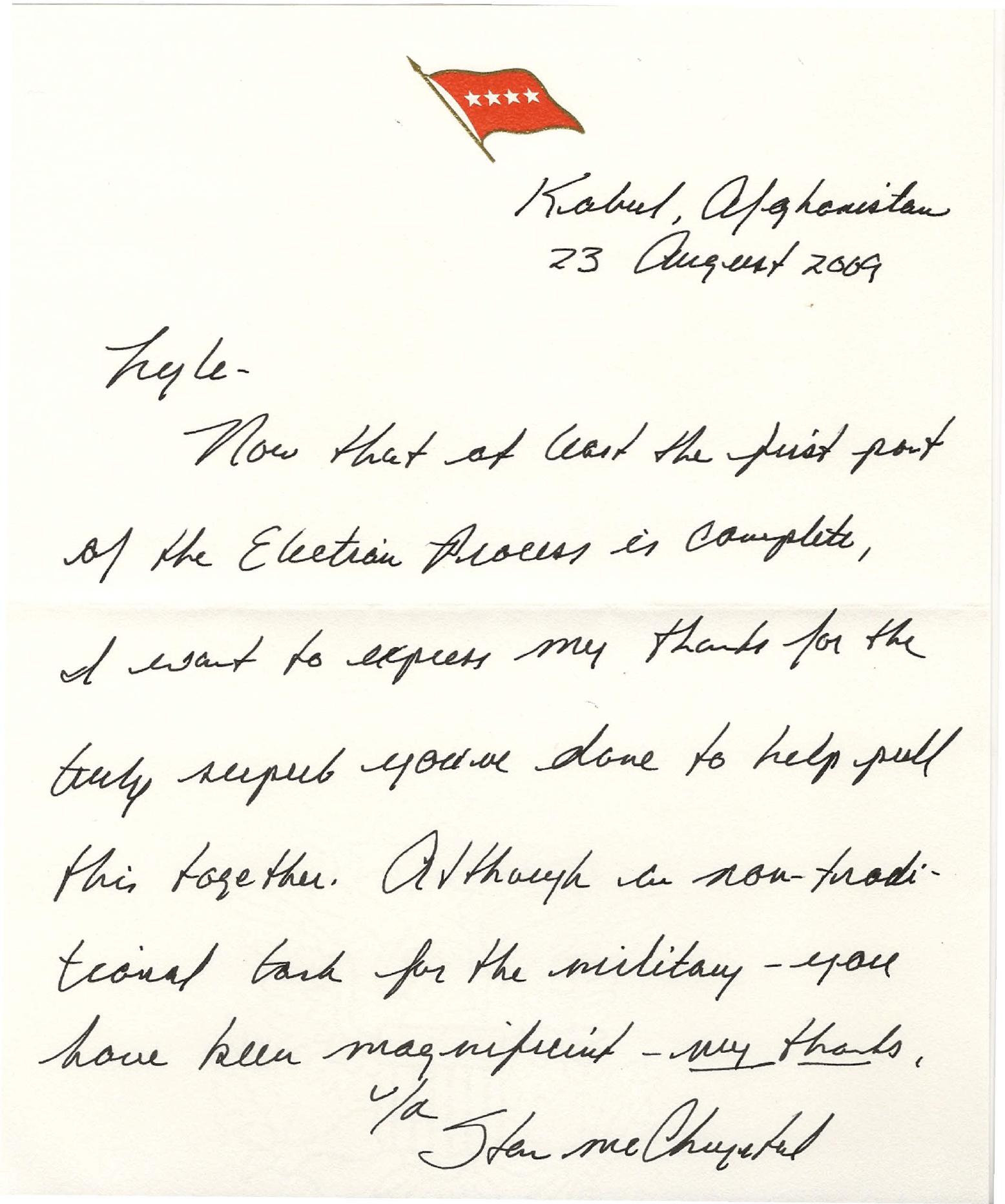 Handwritten letter of thanks from General Stanley A. McChrystal, Kabul, 23 August 2009
