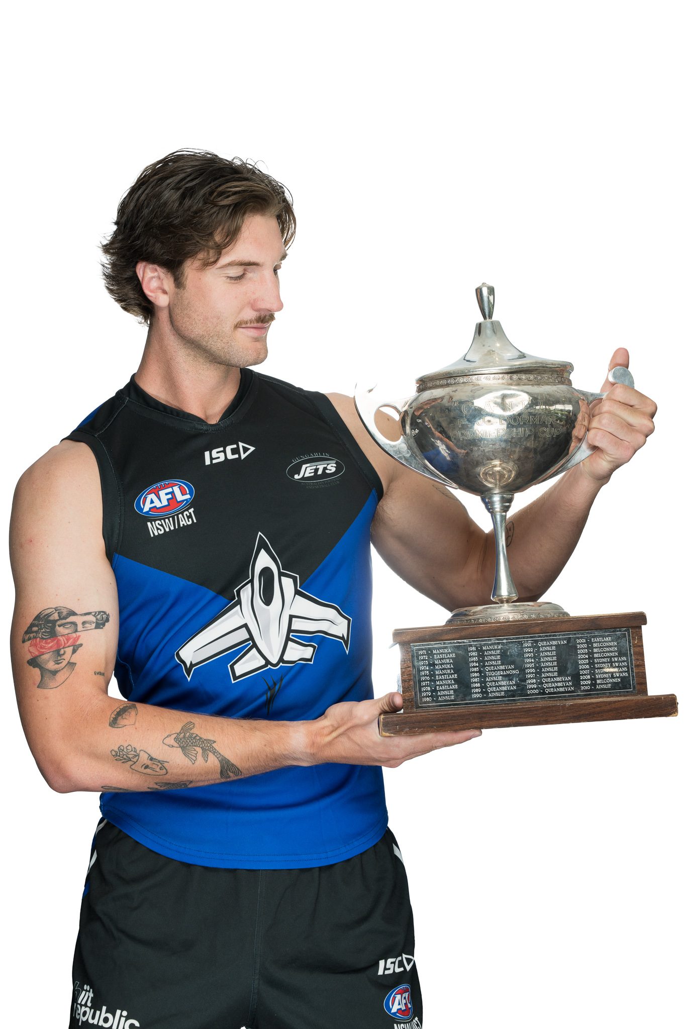 AFL Canberra Media Day portrait, player with premiership cup