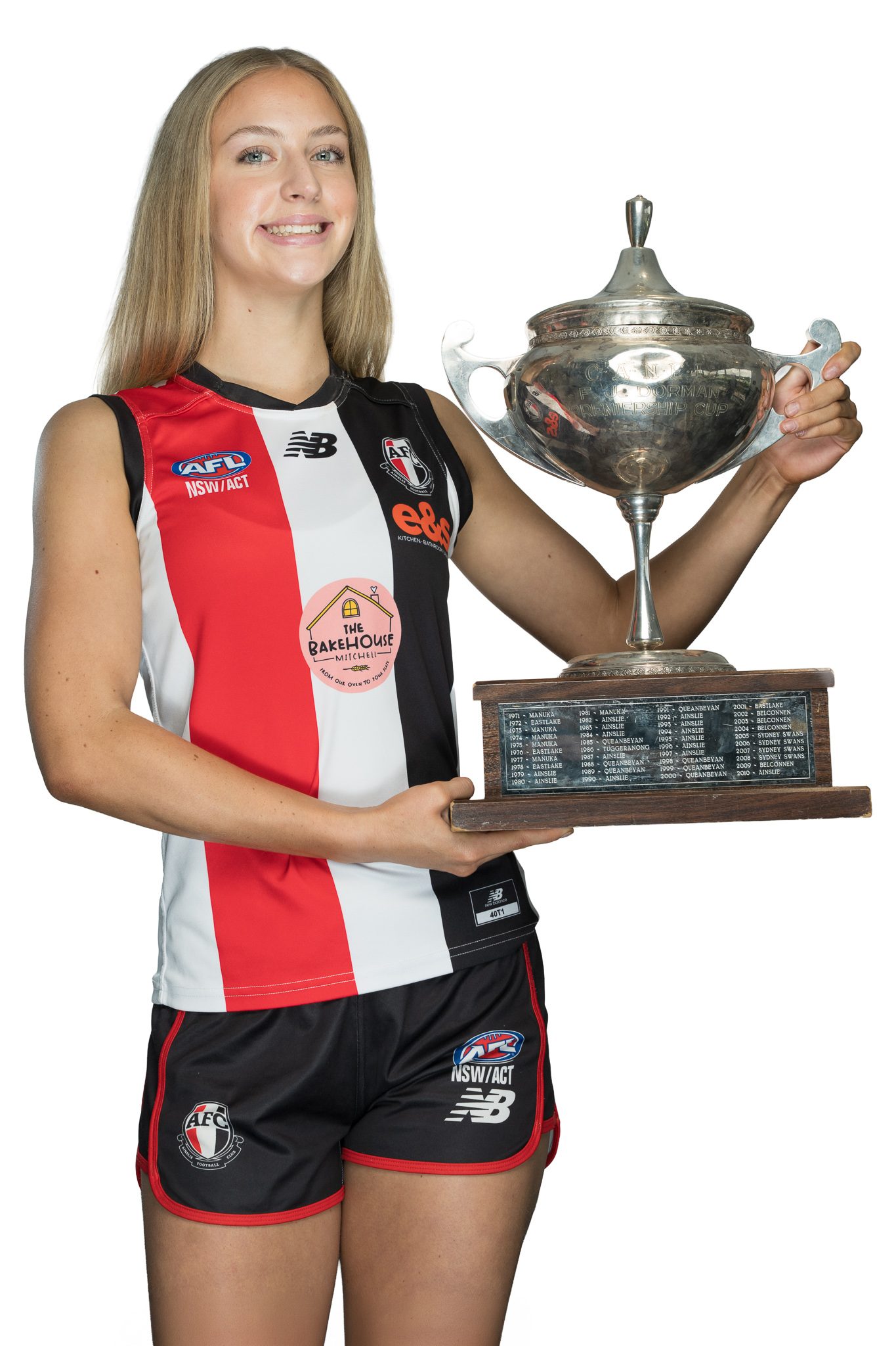 AFL Canberra Media Day portrait, player with premiership cup