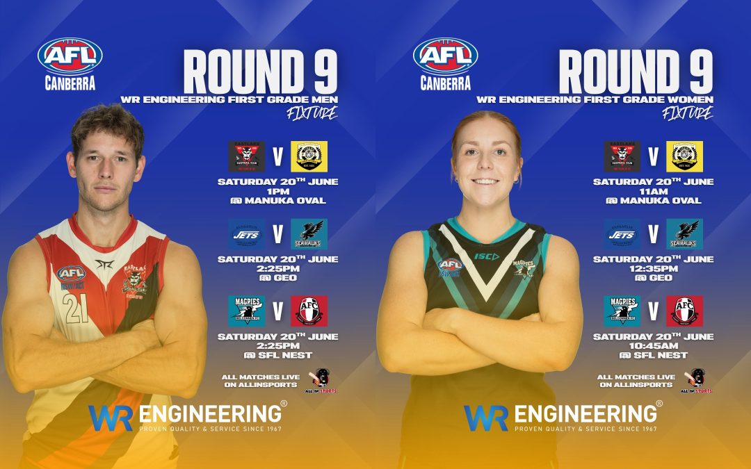 AFL Canberra Round 9 fixture graphics using Lyle&rsquo;s media-day portraits of an Eastlake player and a Belconnen Magpies player