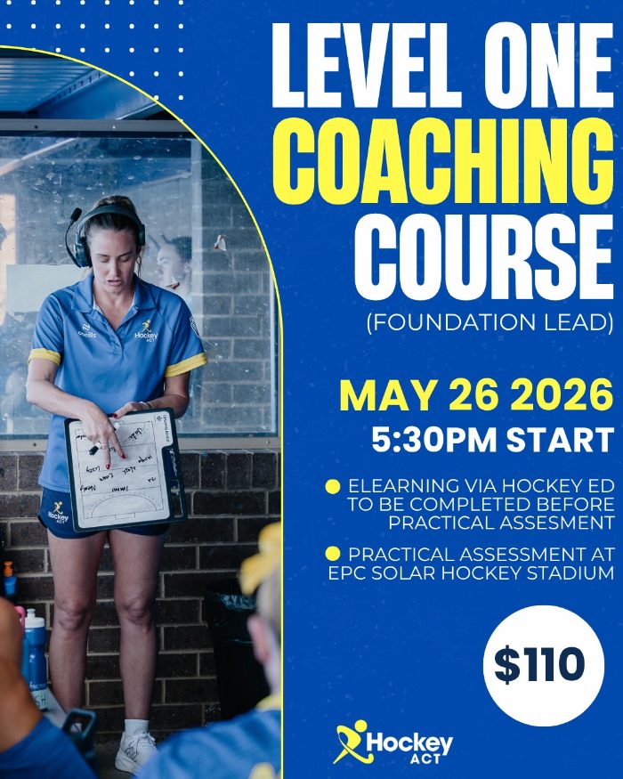 Hockey ACT Instagram post, 18 May 2026, promoting its Level One Coaching Course with Lyle&rsquo;s photograph from the 2026 Under 21 National Championships