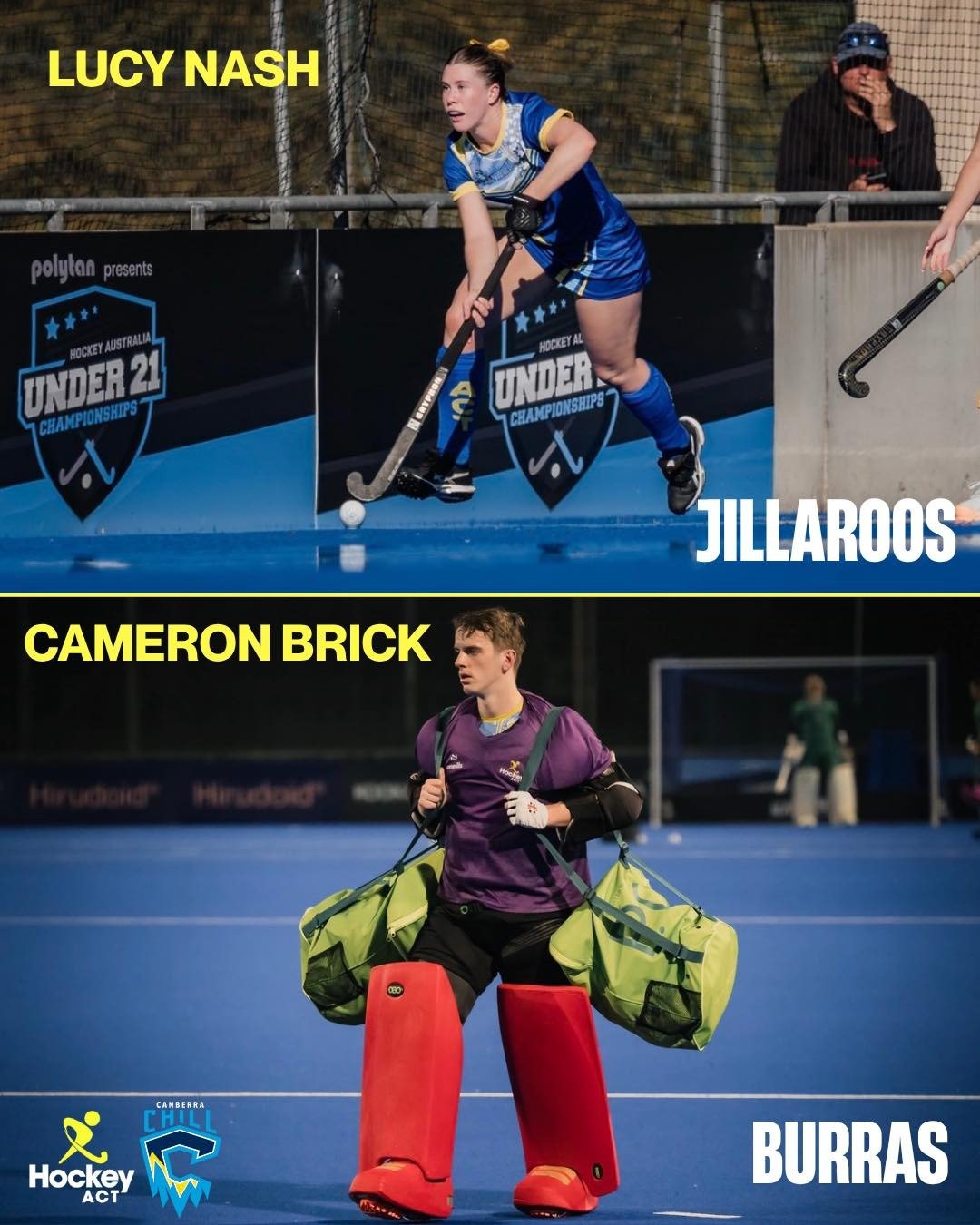 Hockey ACT Instagram post, 21 August 2026, announcing the Junior World Cup Qualifier selections of Lucy Nash and Cameron Brick with Lyle&rsquo;s photographs