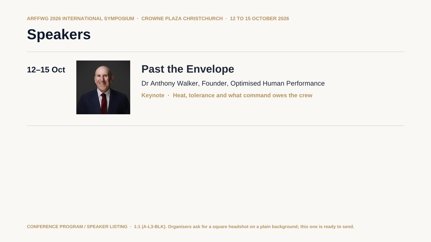 Mockup of a conference program speaker listing for the ARFFWG 2026 International Symposium, showing Dr Anthony Walker's keynote Past the Envelope with a portrait on black