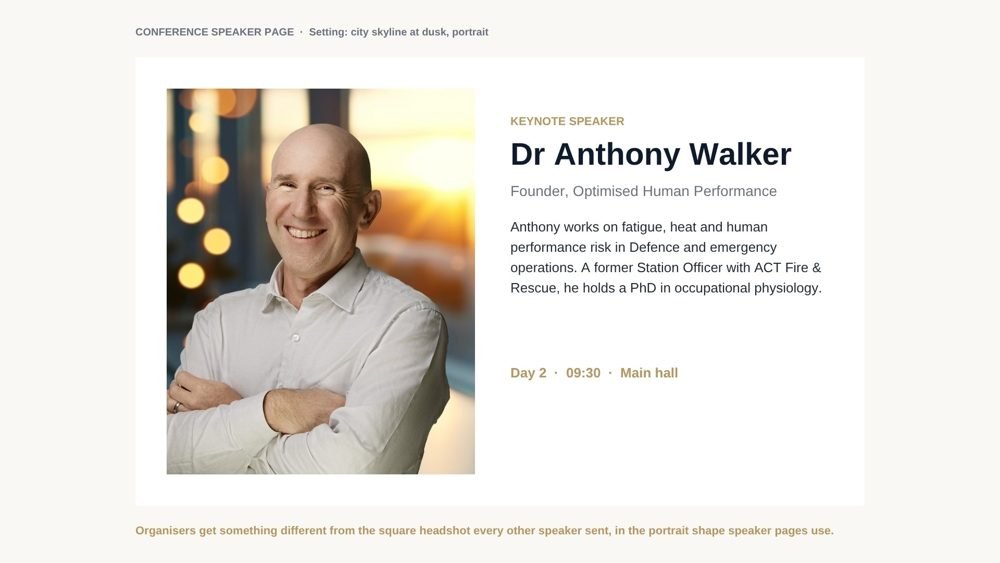 Mockup of a conference speaker page with a portrait in the city skyline setting