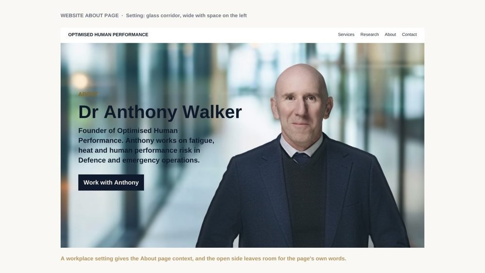 Mockup of a website about page using the glass corridor setting