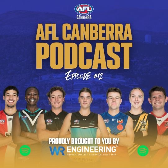 AFL Canberra podcast episode 12 cover using media-day cut-outs