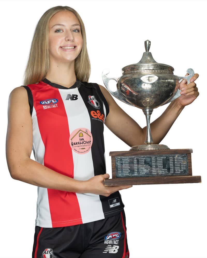 AFL Canberra Media Day portrait, premiership cup held to camera