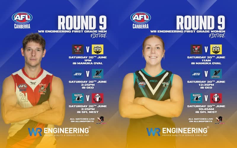 AFL Canberra Round 9 fixture graphics using media-day portraits of an Eastlake player and a Belconnen Magpies player. Portraits by Lyle Holt