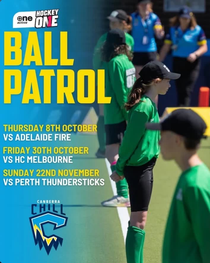 Canberra Chill Instagram graphic recruiting Ball Patrol for its three Hockey One home games, built on a photo of two young ball patrol volunteers in green on the sideline