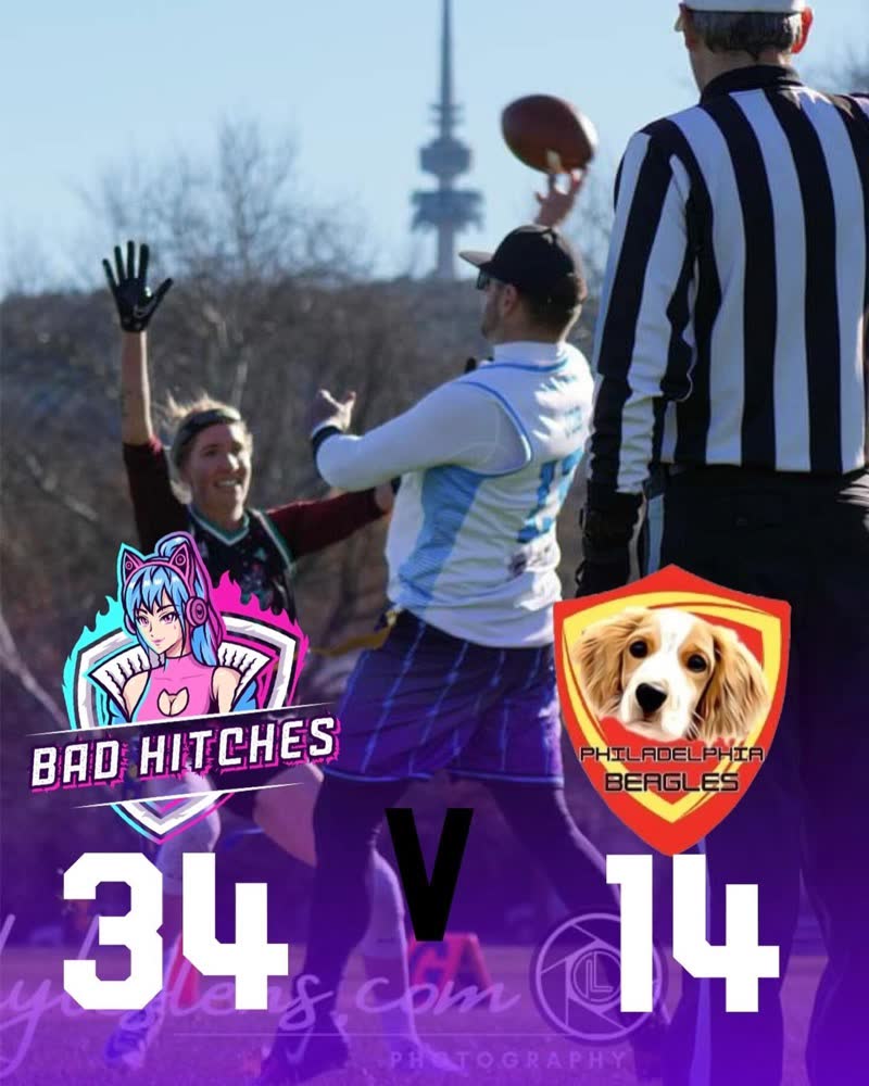Bad Hitches 34, Philadelphia Beagles 14 result graphic, built on the same throw-and-referee photo